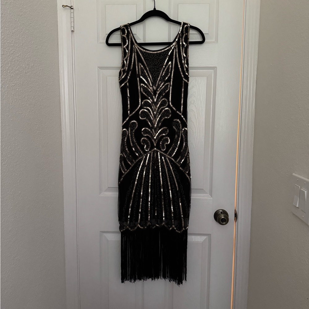 1920s Black and Gold Fringe Dress